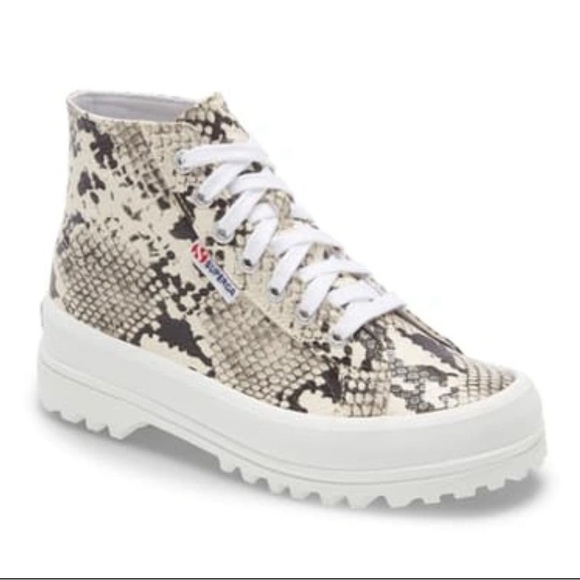 Superga Women Alpina Snake Embossed High Top Platform Sneaker in Taupe Snake 9.5 - Picture 1 of 13